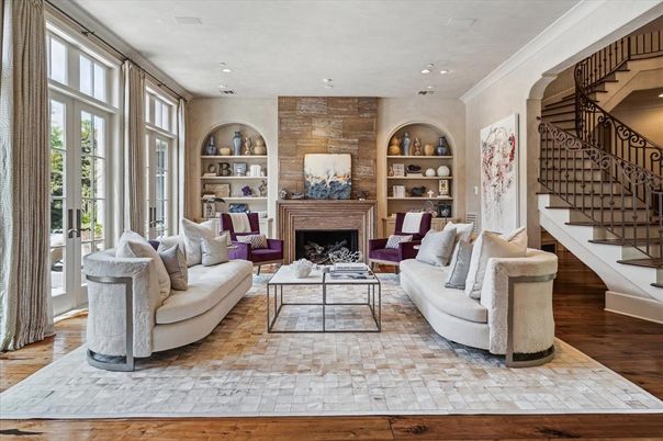 Fireplace, Interior, Living room, Recessed Lighting, Stone Walls, Wood Texture Flooring