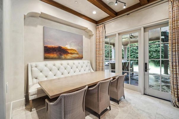 Dining room, Interior, Recessed Lighting, Wooden Beams