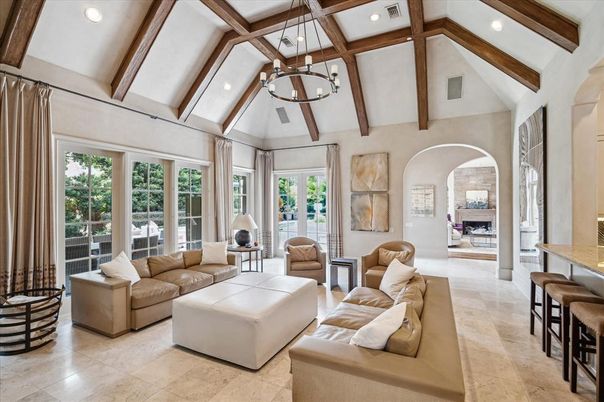 Fireplace, Interior, Living room, Pendant Lights, Recessed Lighting, Wooden Beams