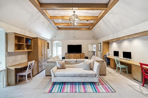 Chandelier, Home Office, Interior, Wooden Beams