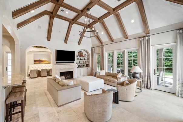 Fireplace, Interior, Living room, Pendant Lights, Recessed Lighting, Wooden Beams