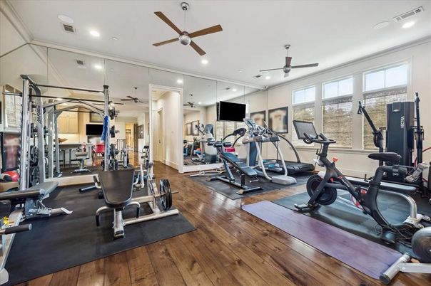 Fitness Equipment, Gym, Interior, Recessed Lighting, Wood Texture Flooring