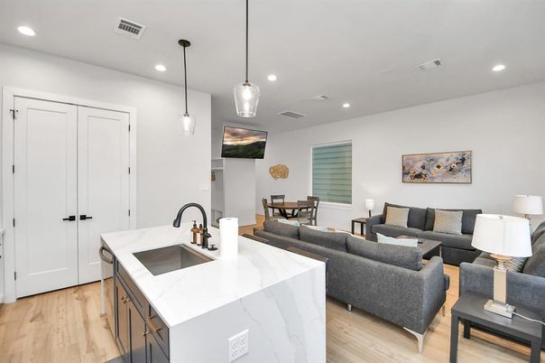 Dining room, Interior, Kitchen, Living room, Pendant Lights, Recessed Lighting, Wood Texture Flooring