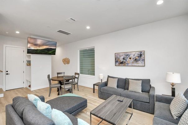 Dining room, Interior, Living room, Recessed Lighting, Wood Texture Flooring