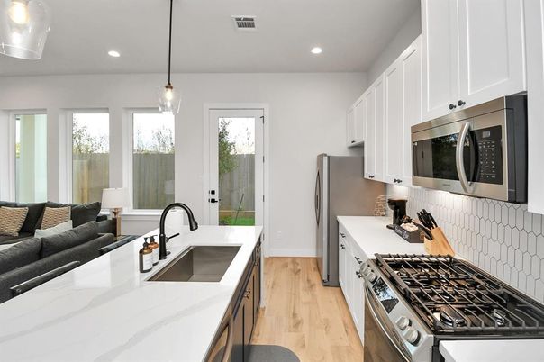 Interior, Kitchen, Pendant Lights, Recessed Lighting, Stainless Steel Appliances, Wood Texture Flooring