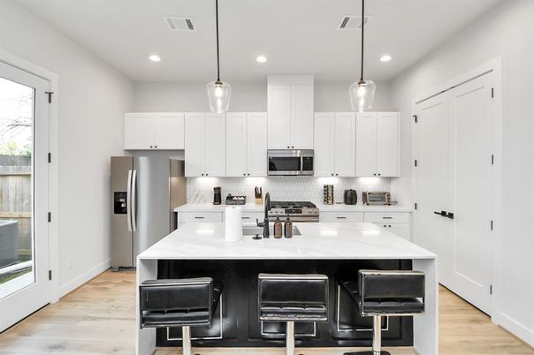 Interior, Kitchen, Pendant Lights, Recessed Lighting, Stainless Steel Appliances, Wood Texture Flooring