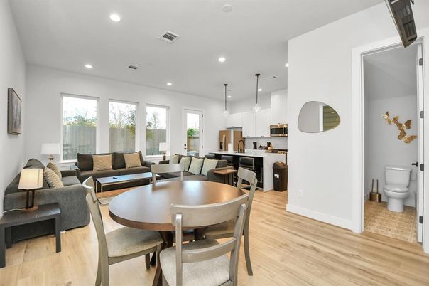 Dining room, Interior, Kitchen, Living room, Pendant Lights, Recessed Lighting, Wood Texture Flooring