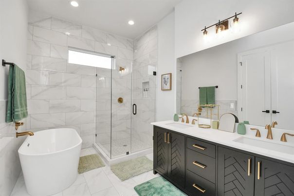 Bathroom, Dual Sink Vanities, Free Standing Baths, Glass Shower, Interior, Marble, Marble Walls, Recessed Lighting