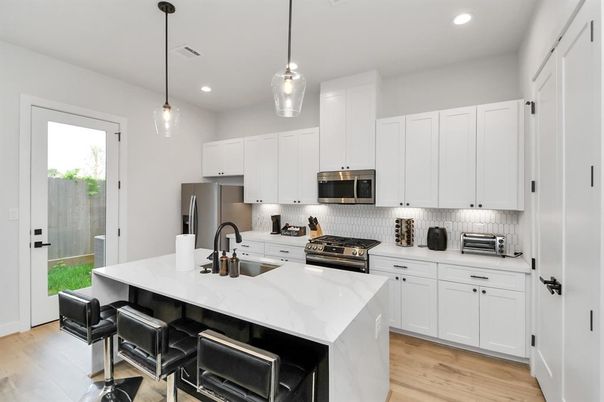 Interior, Kitchen, Pendant Lights, Recessed Lighting, Stainless Steel Appliances, Wood Texture Flooring