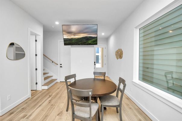 Dining room, Interior, Recessed Lighting, Wood Texture Flooring