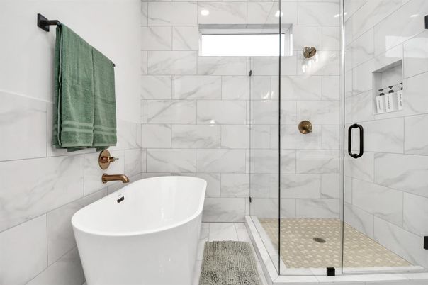 Bathroom, Free Standing Baths, Glass Shower, Interior, Marble Walls