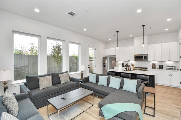 Interior, Kitchen, Living room, Pendant Lights, Recessed Lighting, Stainless Steel Appliances, Wood Texture Flooring