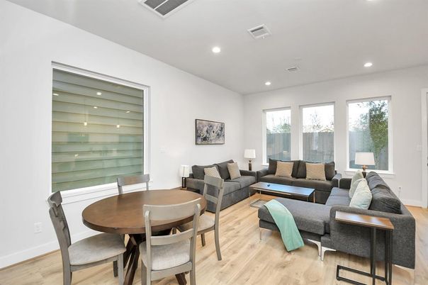 Dining room, Interior, Living room, Recessed Lighting, Wood Texture Flooring