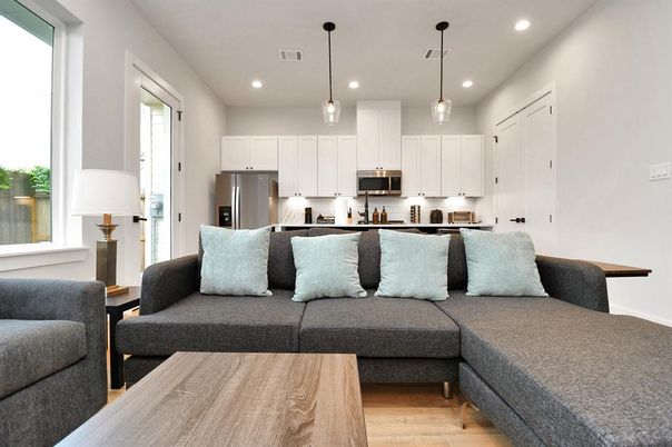 Interior, Kitchen, Living room, Pendant Lights, Recessed Lighting, Stainless Steel Appliances, Wood Texture Flooring