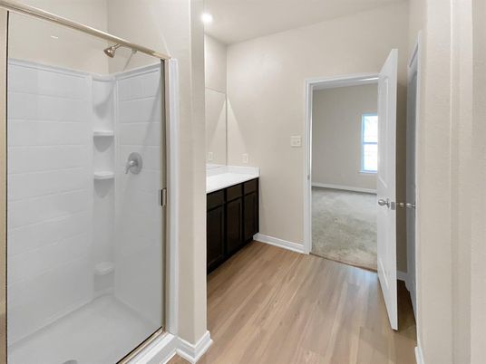 Bathroom, Glass Shower, Interior, Recessed Lighting, Wood Texture Flooring