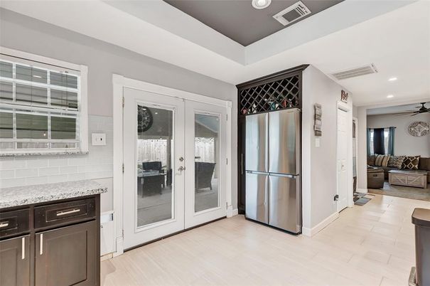 Interior, Kitchen, Living room, Recessed Lighting, Stainless Steel Appliances, Wood Texture Flooring