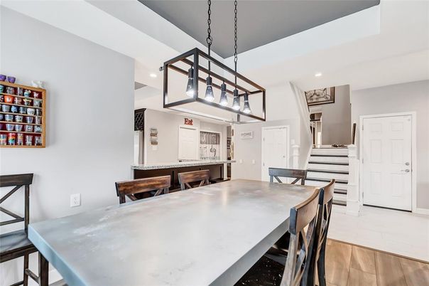 Dining room, Interior, Kitchen, Pendant Lights, Recessed Lighting, Wood Texture Flooring
