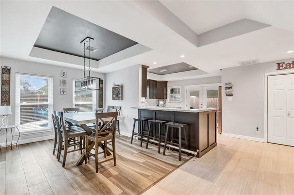 Dining room, Interior, Pendant Lights, Recessed Lighting, Wood Texture Flooring