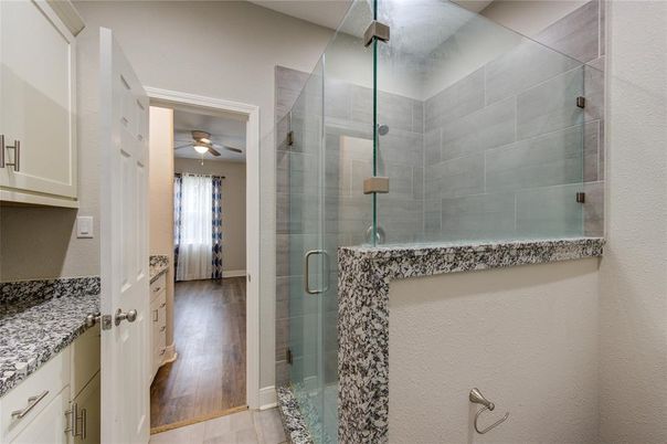 Bathroom, Glass Shower, Interior, Wood Texture Flooring