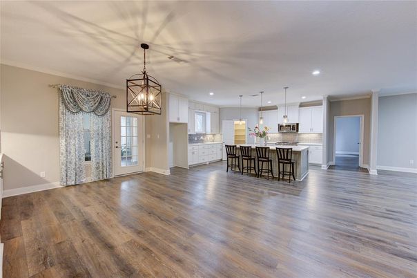 Interior, Kitchen, Pendant Lights, Recessed Lighting, Wood Texture Flooring