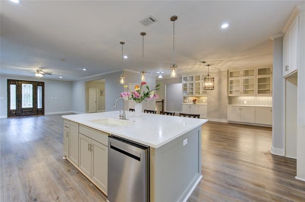 Interior, Kitchen, Pendant Lights, Recessed Lighting, Stainless Steel Appliances, Wood Texture Flooring