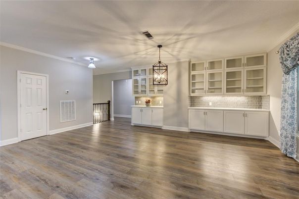 Empty room, Interior, Kitchen, Pendant Lights, Wood Texture Flooring