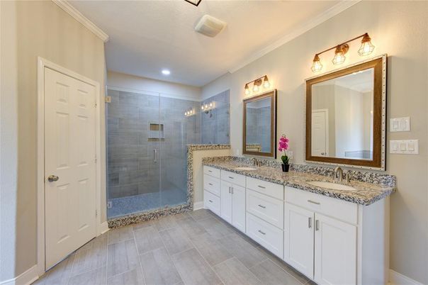 Bathroom, Dual Sink Vanities, Glass Shower, Interior, Recessed Lighting