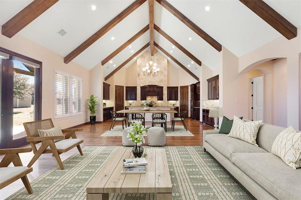 Chandelier, Dining room, Interior, Living room, Recessed Lighting, Wooden Beams, Wood Texture Flooring