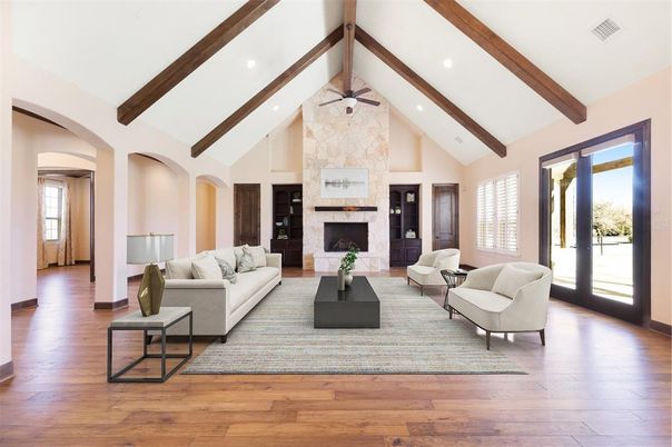 Fireplace, Interior, Living room, Recessed Lighting, Stone Walls, Wooden Beams, Wood Texture Flooring