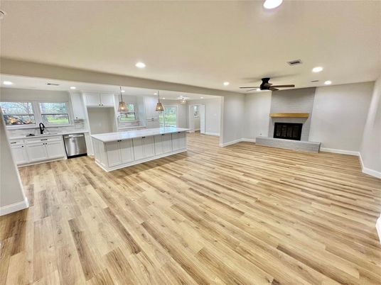Fireplace, Interior, Kitchen, Pendant Lights, Recessed Lighting, Wood Texture Flooring
