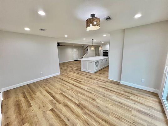 Empty room, Interior, Kitchen, Pendant Lights, Recessed Lighting, Wood Texture Flooring