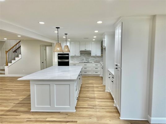 Interior, Kitchen, Pendant Lights, Recessed Lighting, Stainless Steel Appliances, Wood Texture Flooring