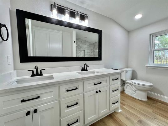 Bathroom, Dual Sink Vanities, Interior, Recessed Lighting, Wood Texture Flooring