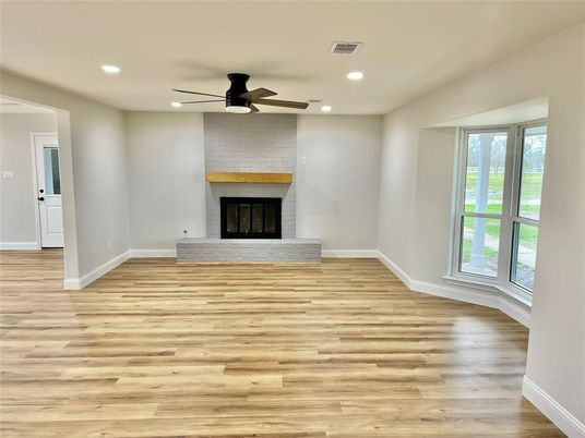 Empty room, Fireplace, Interior, Recessed Lighting, Wood Texture Flooring