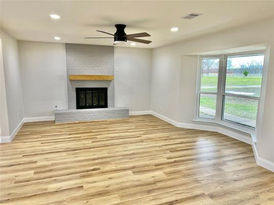 Empty room, Fireplace, Interior, Recessed Lighting, Wood Texture Flooring