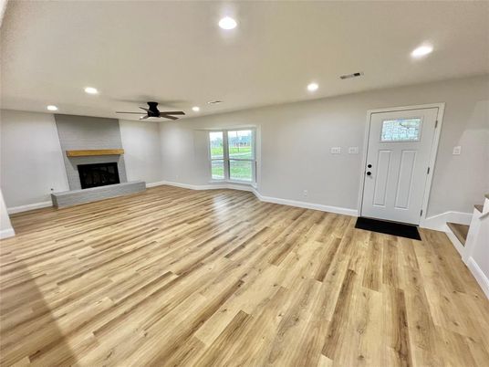 Empty room, Fireplace, Interior, Recessed Lighting, Wood Texture Flooring
