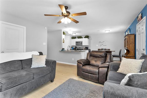 Dining room, Interior, Kitchen, Living room, Stainless Steel Appliances, Wood Texture Flooring