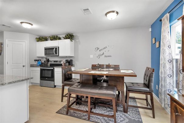 Dining room, Interior, Kitchen, Stainless Steel Appliances, Wood Texture Flooring