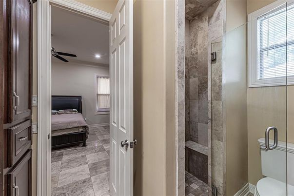 Bathroom, Bedroom, Glass Shower, Interior, Recessed Lighting, Stone Walls