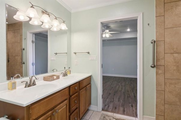 Bathroom, Dual Sink Vanities, Interior, Recessed Lighting, Wood Texture Flooring