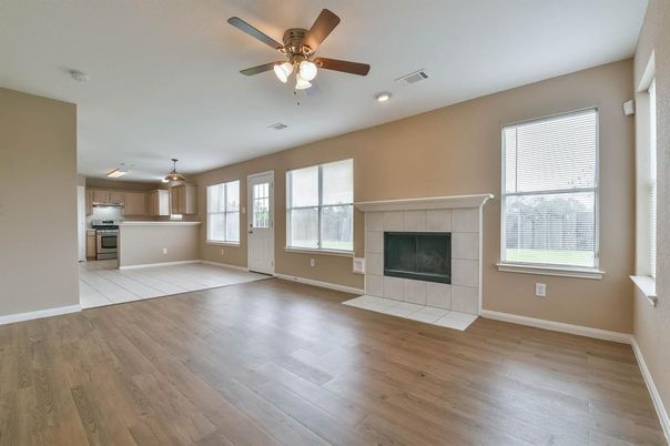 Empty room, Fireplace, Interior, Kitchen, Recessed Lighting, Wood Texture Flooring