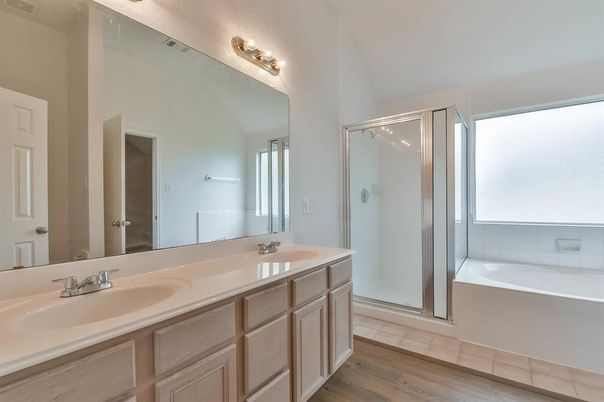 Bathroom, Dual Sink Vanities, Glass Shower, Interior, Wood Texture Flooring