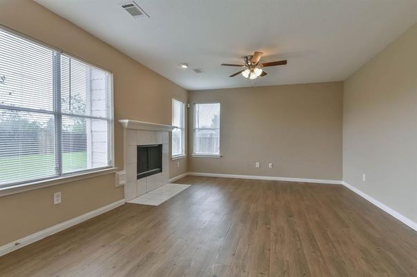 Empty room, Fireplace, Interior, Recessed Lighting, Wood Texture Flooring