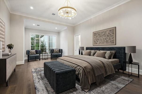 Bedroom, Interior, Pendant Lights, Recessed Lighting, Wood Texture Flooring