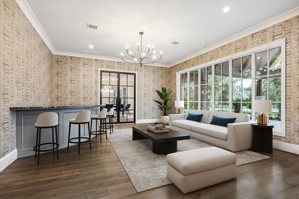Chandelier, Interior, Living room, Recessed Lighting, Wood Texture Flooring