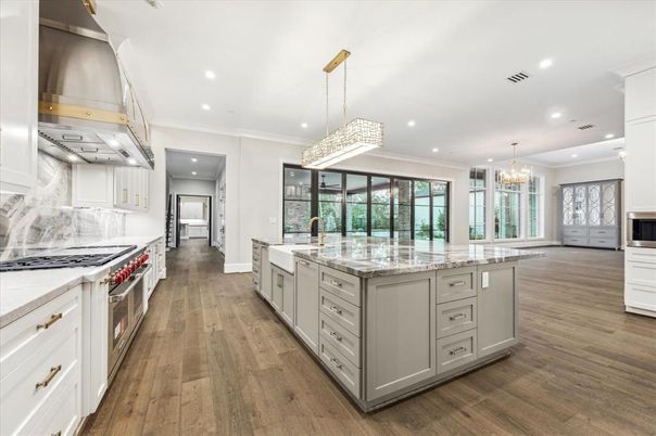 Chandelier, Interior, Kitchen, Pendant Lights, Recessed Lighting, Stainless Steel Appliances, Wood Texture Flooring