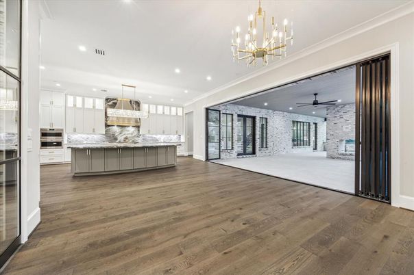 Interior, Kitchen, Pendant Lights, Recessed Lighting, Stainless Steel Appliances, Stone Walls, Wood Texture Flooring