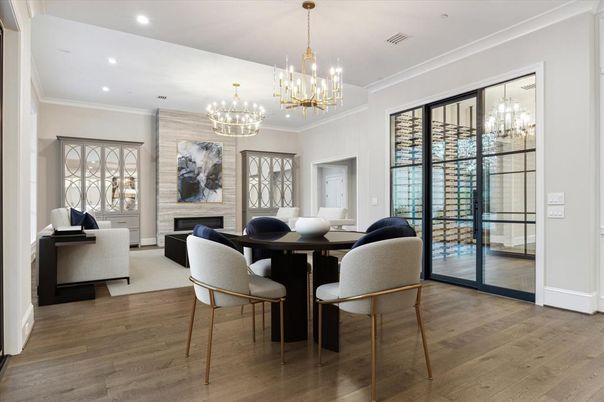 Chandelier, Dining room, Fireplace, Interior, Living room, Recessed Lighting, Wood Texture Flooring