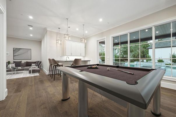 Billiard Table, Dining room, Game Room, Interior, Living room, Pendant Lights, Recessed Lighting, Wood Texture Flooring