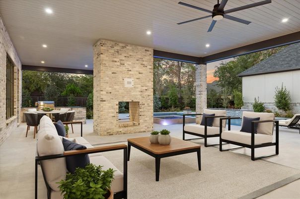 Dining room, Fireplace, Interior, Living room, Pool, Recessed Lighting, Stone Walls